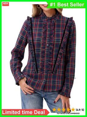 Womens Christmas Plaid Button Down Shirt Ruffle Velvet Trim Cotton Blouse